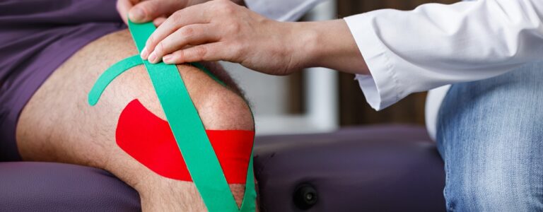 Kinesiology taping.Physical therapist applying kinesiology tape to patient knee.Therapist treating injured knee of young athlete.Post traumatic rehabilitation, sport physical therapy,recovery concept